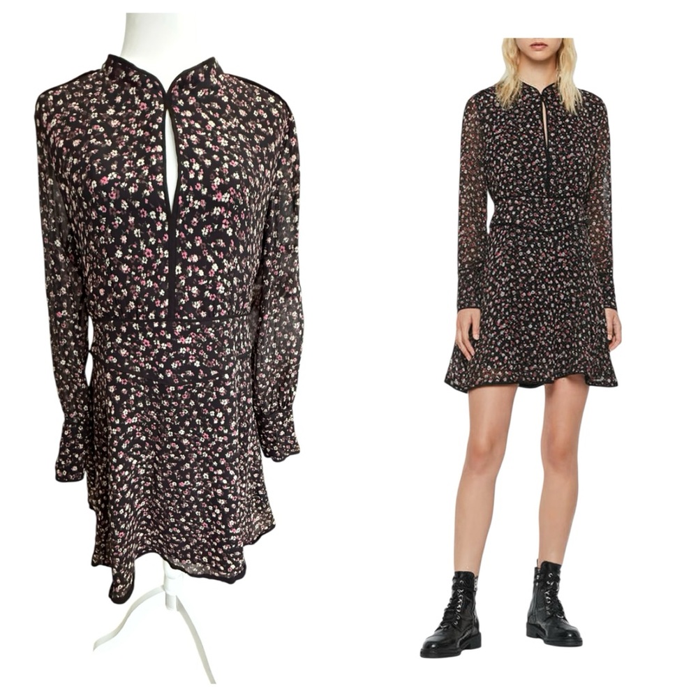 AllSaints Kay Ditsy Floral Mini Dress Black Pink Viscose Long Sleeve Boho US 10